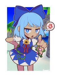 Rule 34 | 1girl, absurdres, anger vein, blue bow, blue eyes, blue hair, blush, bow, cirno, dark-skinned female, dark skin, dress, flower, hair bow, half-closed eyes, highres, kemori, kirby&#039;s return to dream land, kirby (series), looking at viewer, nintendo, open mouth, outside border, pinafore dress, pointing, pointing at viewer, short hair, sleeveless, sleeveless dress, solo, speech bubble, spoken anger vein, sunflower, tanned cirno, touhou