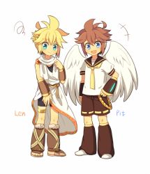 Rule 34 | 2boys, :/, angel wings, aqua eyes, blonde hair, blue eyes, brown hair, cosplay, costume switch, crossover, hand on own hip, headset, kagamine len, kagamine len (cosplay), kid icarus, male focus, multiple boys, open mouth, pit (kid icarus), pit (kid icarus) (cosplay), robe, sailor collar, sandals, shorts, smile, vocaloid, wings, wusagi2