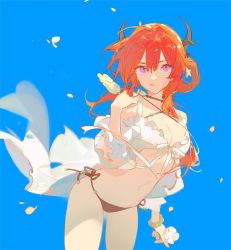Rule 34 | 1girl, :q, arknights, ask (askzy), bikini, blue background, commentary, cowboy shot, food, hand up, holding, holding food, horns, long hair, looking at viewer, navel, popsicle, purple eyes, red hair, side-tie bikini bottom, solo, standing, stomach, surtr (arknights), surtr (colorful wonderland) (arknights), swimsuit, tongue, tongue out