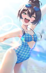 Rule 34 | 1girl, :d, absurdres, alternate hairstyle, arched back, beach, blue one-piece swimsuit, eyewear on head, flat chest, green eyes, hair between eyes, hair bun, heart, heart-shaped eyewear, highres, hololive, lens flare, natsuiro matsuri, ocean, one-piece swimsuit, one eye closed, open mouth, plaid, plaid swimsuit, posaposa, single hair bun, sky, smile, solo, sunglasses, swimsuit, virtual youtuber