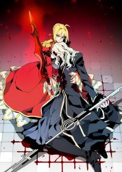 Rule 34 | 10s, 1boy, 1girl, blood, blood on clothes, blood on face, epaulettes, fate/apocrypha, fate/extra, fate/grand order, fate (series), green eyes, koshiro itsuki, nero claudius (fate), nero claudius (fate) (all), nero claudius (fate/extra), polearm, spear, sword, vlad iii (fate/apocrypha), weapon