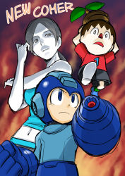 Rule 34 | 1girl, android, animal crossing, arm cannon, black hair, blue eyes, breasts, capcom, clenched hand, colored skin, flower pot, helmet, mega man (character), mega man (classic), mega man (series), midriff, navel, nintendo, ponytail, red nose, short hair, stretching, super smash bros., tank top, villager (animal crossing), weapon, white skin, wii fit, wii fit trainer, wii fit trainer (female)