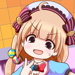 Rule 34 | 1girl, ahoge, blonde hair, bow, brown eyes, commentary request, futaba anzu, hat, idolmaster, idolmaster cinderella girls, low twintails, open mouth, solo, sweatdrop, twintails, v, yamato damashi