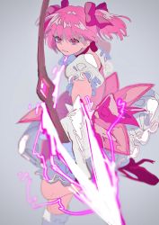Rule 34 | 1girl, aiming, aiming at viewer, blurry, blurry background, blurry foreground, bow (weapon), bubble skirt, choker, clenched teeth, depth of field, dot nose, eyelashes, eyes visible through hair, fighting stance, floating hair, frilled skirt, frilled sleeves, frills, gloves, glowing, grey background, hair ribbon, highres, holding, holding bow (weapon), holding weapon, index finger raised, kaname madoka, leg up, looking at viewer, mahou shoujo madoka magica, mahou shoujo madoka magica (anime), mrfluffyspiky, outstretched arm, parted lips, pink eyes, pink hair, pink ribbon, puffy short sleeves, puffy sleeves, red choker, red footwear, red neckwear, ribbon, serious, shaded face, short sleeves, simple background, skirt, socks, solo, standing, standing on one leg, tareme, teeth, twintails, v-shaped eyebrows, weapon, white gloves, white socks