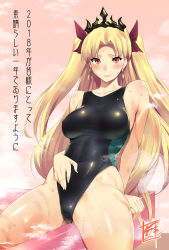 Rule 34 | 1girl, 2018, bathtub, black one-piece swimsuit, blonde hair, commentary request, competition swimsuit, ereshkigal (fate), fate/grand order, fate (series), highleg, highleg swimsuit, logo, long hair, looking at viewer, nanakagi satoshi, new year, one-piece swimsuit, pink background, red eyes, signature, sitting, solo, steam, swimsuit, tiara, tohsaka rin, translation request, two side up