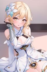 Rule 34 | 1girl, bare shoulders, blonde hair, blush, breasts, cleavage, commentary, detached sleeves, dress, flower, genshin impact, hair flower, hair ornament, highres, hitsukuya, looking at viewer, lumine (genshin impact), medium breasts, medium hair, open mouth, scarf, sidelocks, solo, thighhighs, thighs, white dress, white scarf, white thighhighs, yellow eyes