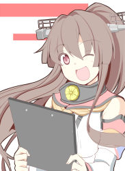 Rule 34 | 10s, 1girl, ;d, alex (alexandoria), breasts, brown hair, clipboard, collar, detached sleeves, female focus, hair between eyes, hair ornament, headgear, highres, kantai collection, kikumon, large breasts, long hair, looking at viewer, one eye closed, open mouth, pale color, ponytail, red eyes, smile, solo, very long hair, white background, yamato (kancolle)