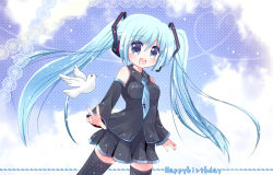 Rule 34 | 1girl, :d, bad id, bad pixiv id, bird, blue eyes, blue hair, blush, breasts, cloud, detached sleeves, dove, happy birthday, hatsune miku, headset, heart, heart of string, long hair, matching hair/eyes, necktie, open mouth, skirt, sky, smile, solo, standing, sukuneko, thighhighs, twintails, very long hair, vocaloid, zettai ryouiki