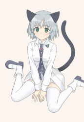 Rule 34 | 1girl, animal ears, between legs, black shirt, boots, cat ears, cat tail, closed mouth, colored skin, dot mouth, dot nose, green eyes, grey background, grey hair, hand between legs, highres, jacket, long sleeves, looking at viewer, mao lian (nekokao), medium hair, miniskirt, necktie, open clothes, open jacket, pleated skirt, sanya v. litvyak, shirt, simple background, sitting, skirt, solo, strike witches, tail, thighhighs, wariza, white background, white footwear, white jacket, white skin, white thighhighs, world witches series