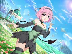 Rule 34 | 1girl, black dress, blue sky, blush, breasts, cloud, crossover, demon tail, detached collar, detached sleeves, dress, field, floating island, flower, flower field, gazebo, gem, grass, hair ornament, twirling hair, lens flare, light particles, looking at viewer, medium breasts, momo velia deviluke, official art, open mouth, path, pink eyes, pink flower, pink hair, pink rose, purple eyes, red flower, red rose, road, rose, senran kagura, senran kagura new link, shiny skin, short hair, sky, smile, solo, sparkle, stairs, striped clothes, striped thighhighs, sun, tail, thighhighs, third-party source, to love-ru, to love-ru darkness, yaegashi nan, yellow gemstone