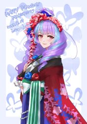 Rule 34 | 1girl, artist name, blue bow, blue flower, blue hair, blue rose, blush, bow, brown eyes, character name, dated, flower, from side, hair bow, hair flower, hair ornament, hand on own chest, happy birthday, highres, ichigo jam, japanese clothes, kimono, looking to the side, macross, macross delta, mikumo guynemer, multicolored hair, purple bow, purple hair, red flower, red kimono, red rose, rose, streaked hair