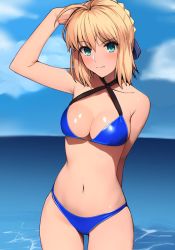 Rule 34 | 1girl, ahoge, ai-assisted, alternate costume, annoyed, arm behind back, arm up, artoria pendragon (all), artoria pendragon (fate), beach, bikini, blonde hair, blue bikini, blush, braid, breasts, closed mouth, fate/stay night, fate (series), frown, green eyes, haruhisky, highres, looking at viewer, medium breasts, navel, outdoors, ribbon, saber (fate), short hair, sidelocks, solo, standing, swimsuit