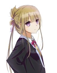 Rule 34 | 1girl, black jacket, blazer, blush, bow, bowtie, closed mouth, collared shirt, commentary request, folded ponytail, hair between eyes, highres, jacket, light brown hair, long hair, looking at viewer, looking to the side, nail polish, nogi lief, nogi wakaba, nogi wakaba wa yuusha de aru, purple eyes, purple nails, school uniform, shirt, sidelocks, simple background, solo, sweater vest, upper body, very long hair, white background, white shirt, yuusha de aru