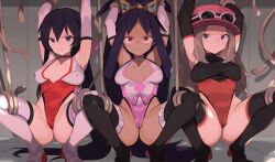 Rule 34 | 3girls, adapted costume, armpits, arms up, black gloves, black hair, black thighhighs, boots, breasts, brown eyes, brown hair, cameltoe, cleft of venus, commission, creatures (company), dark-skinned female, dark skin, elbow gloves, game freak, gloves, highleg, highleg leotard, iris (pokemon), leotard, long hair, looking at viewer, medium breasts, multiple girls, nintendo, original, paid reward available, pink gloves, pink headwear, pink leotard, pokemon, pokemon bw2, pokemon xy, purple hair, restrained, serena (pokemon), skeb commission, spread legs, spring2013, squatting, tentacles, thigh boots, thighhighs, thighs, white thighhighs