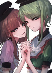 Rule 34 | 2girls, 33 gaff, absurdres, black headwear, bow, brown hair, closed mouth, collar, commentary request, eyeliner, frills, green eyes, green hair, holding hands, hat, highres, makeup, medium hair, multiple girls, nishida satono, open mouth, short hair, short sleeves, simple background, smile, teireida mai, touhou, white background