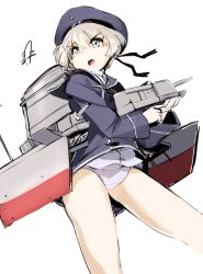 Rule 34 | &gt;:o, 10s, 1girl, :o, blue eyes, clothes writing, dress shirt, hat, highres, holding, kantai collection, long sleeves, machinery, momo (higanbana and girl), open mouth, panties, sailor collar, sailor hat, shirt, short hair, silver hair, simple background, solo, turret, underwear, v-shaped eyebrows, white background, white panties, z1 leberecht maass (kancolle)
