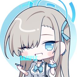 Rule 34 | 1girl, asuna (blue archive), black choker, blue archive, blue bow, blue bowtie, blue eyes, blue halo, blue ribbon, blush, bow, bowtie, chibi, choker, collared shirt, commentary, commission, english commentary, grin, hair over one eye, hair ribbon, halo, lanubis, light brown hair, long hair, looking at viewer, ribbon, sample watermark, shirt, smile, solo, upper body, v, watermark, white shirt