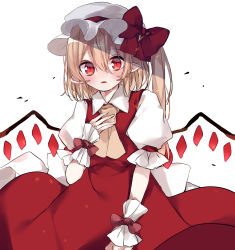 Rule 34 | 1girl, ascot, blonde hair, blush, bow, collared shirt, cowboy shot, flandre scarlet, hair between eyes, hand on own chest, hat, hat bow, highres, long hair, looking at viewer, mob cap, nekomoti, open mouth, pointy ears, puffy short sleeves, puffy sleeves, red bow, red eyes, red ribbon, red skirt, red vest, ribbon, shirt, short sleeves, side ponytail, skirt, skirt set, solo, touhou, vest, white background, white hat, white shirt, wings, wrist cuffs, yellow ascot