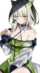 Rule 34 | 1girl, :&gt;, animal ear fluff, animal ears, arknights, bare shoulders, blush, breasts, cat ears, cat girl, cleavage, closed mouth, commentary request, criss-cross halter, dress, green dress, green eyes, green hair, halterneck, highres, kal&#039;tsit (arknights), long sleeves, looking at viewer, medium breasts, nagi (naginagi102710), off-shoulder dress, off shoulder, puffy long sleeves, puffy sleeves, short hair, simple background, solo, white background