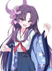 Rule 34 | 1girl, blue archive, blue skirt, blush, fang, flower, hair flower, hair ornament, halo, hanozuku, haori, japanese clothes, long hair, long sleeves, looking at viewer, neckerchief, open mouth, pink flower, pleated skirt, purple eyes, purple hair, purple halo, red neckerchief, sailor collar, school uniform, simple background, skin fang, skirt, smile, solo, upper body, white background, white sailor collar, wide sleeves, yukari (blue archive)