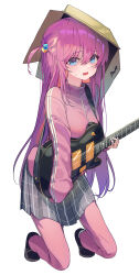 Rule 34 | 1girl, absurdres, black footwear, blue eyes, blush, bocchi the rock!, box, breasts, cardboard box, commentary, cube hair ornament, electric guitar, gibson les paul, gotoh hitori, grey skirt, guitar, hair between eyes, hair ornament, hair over eyes, highres, holding, holding instrument, instrument, jacket, kneeling, loafers, long hair, long sleeves, looking at viewer, lovelyme, medium breasts, one side up, open mouth, pants, pants under skirt, pink hair, pink jacket, pink pants, plaid, plaid skirt, pleated skirt, shoes, simple background, skirt, sleeves past wrists, solo, sweatdrop, symbol-only commentary, track jacket, track pants, white background