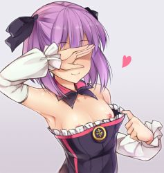 Rule 34 | 1girl, armpits, bare shoulders, blue ribbon, blush, breasts, covering face, covering own eyes, detached sleeves, fate/grand order, fate (series), hair ribbon, heart, helena blavatsky (fate), kuragari, nipples, no bra, pulling own clothes, purple hair, ribbon, shiny skin, short hair, small breasts, smile, solo