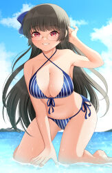 1girl bikini black_hair blue_bikini blush breasts choukai_(kancolle) choukai_(swimsuit_mode)_(kancolle) cloud cloudy_sky collarbone day glasses hair_ribbon highres kantai_collection large_breasts long_hair looking_at_viewer ocean outdoors red_eyes ribbon rimless_eyewear sky smile solo swimsuit water yomogi_dango