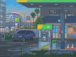 Rule 34 | animated, animated gif, arrow (symbol), bridge, building, bush, car, city, commentary, convenience store, english commentary, fire extinguisher, gas pump, gas station, gradient sky, highres, kldpxl, lamppost, motor vehicle, no humans, no smoking, original, outdoors, overpass, palm tree, pixel art, road, scenery, shop, sign, sky, sports utility vehicle, street, sunset, traffic cone, trash can, tree