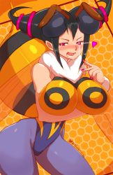 Rule 34 | 1girl, black hair, blush, breast hold, breasts, capcom, cleavage, cosplay, han juri, highres, inverted nipples, large breasts, leotard, looking at viewer, nail polish, open mouth, pantyhose, q-bee, q-bee (cosplay), smile, street fighter, vampire (game)