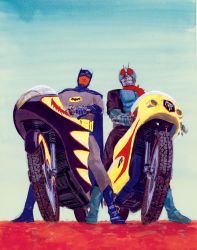 Rule 34 | 2boys, batman, batman (series), blue cape, boots, cape, crossover, dc comics, gloves, hayden sherman, highres, kamen rider, kamen rider (1st series), kamen rider 1, looking at viewer, mask, motor vehicle, motorcycle, multiple boys, red scarf, riding, scarf, sentai, superhero costume