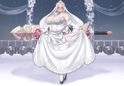 Rule 34 | 1girl, absurdres, black footwear, blurry, blurry background, blush, bolo tie, bouquet, breasts, bridal gauntlets, bridal veil, buttons, closed mouth, clothes lift, dot nose, dress, dress lift, fat, flower, frills, full body, glasses, high heels, highres, large breasts, last origin, lifted by self, looking at viewer, maid headdress, medium hair, outdoors, pink eyes, pink flower, pink rose, plump, prototype labiata, ribbon, rose, see-through, semi-rimless eyewear, shadow, smile, solo, standing, sword, tajyador, tareme, thick thighs, thighhighs, thighs, under-rim eyewear, veil, weapon, white dress, white flower, white hair, white rose, white theme, white thighhighs, wing collar