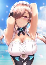 Rule 34 | 1girl, absurdres, armpits, arms behind head, beach, bikini, blue sky, breasts, brown hair, cleavage, closed mouth, cloud, cloudy sky, earrings, frilled swimsuit, frills, hair over one eye, highres, honkai (series), honkai impact 3rd, jewelry, lion space, long hair, looking at viewer, maid, maid bikini, maid headdress, maid one-piece swimsuit, mole, mole under eye, ocean, one-piece swimsuit, outdoors, petals, purple eyes, rita rossweisse, rita rossweisse (phantom iron), sky, smile, solo, summer, swimsuit, twintails, unconventional maid