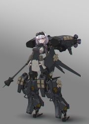 Rule 34 | 1girl, absurdres, bodysuit, breasts, eyewear on head, gradient background, green eyes, head tilt, highres, holding, holding weapon, hololive, large breasts, leaning back, looking to the side, mace, mecha musume, oota youjo, science fiction, shirogane noel, short hair, silver hair, solo, standing, thighhighs, virtual youtuber, weapon