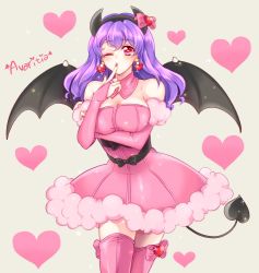 Rule 34 | 1girl, avarita (otoca d&#039;or), avarita (otoca doll), bare shoulders, bat wings, black bow, bow, breast rest, breasts, character name, cleavage, cowboy shot, demon tail, detached collar, earrings, finger to mouth, hairband, heart, heart earrings, horn bow, horn ornament, horns, jewelry, large breasts, looking at viewer, nail polish, one eye closed, otoca d&#039;or, pink bow, pink skirt, pink thighhighs, purple hair, red eyes, red nails, short hair, skirt, solo, soumendaze, standing, tail, thighhighs, waist bow, white background, wings