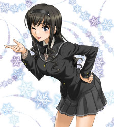 Rule 34 | 1girl, amagami, black eyes, black hair, breasts squeezed together, breasts, hairband, hand on own hip, hida tatsuo, large breasts, long hair, morishima haruka, one eye closed, pleated skirt, school uniform, skirt, smile, snowflakes, solo, sweater, wink