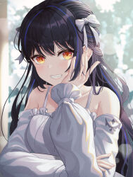 Rule 34 | 1girl, :d, absurdres, black hair, blue hair, blush, bow, bra strap, collarbone, dress, grin, hair bow, hand on own cheek, hand on own face, highres, lens flare, lilpa, long hair, long sleeves, looking at viewer, multicolored hair, off-shoulder dress, off shoulder, open mouth, orange eyes, parted lips, ryon y0421, smile, solo, streaked hair, two-tone hair, upper body, very long hair, virtual youtuber, waktaverse, white bow, white dress