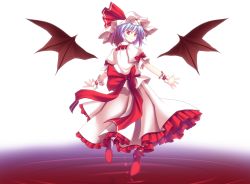 Rule 34 | 1girl, bad id, bad pixiv id, bat wings, blood, blue hair, bow, detached wings, female focus, floating, from behind, hat, high heels, ina (inadahime), looking back, pool of blood, red eyes, remilia scarlet, ribbon, ripples, shoes, short hair, solo, touhou, wings, wrist cuffs