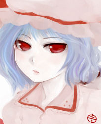 Rule 34 | 1girl, hat, itsukage, light purple hair, open mouth, parted lips, portrait, purple hair, red eyes, remilia scarlet, solo, touhou