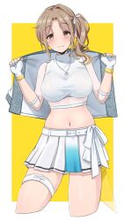 Rule 34 | 1girl, armband, bare shoulders, belt, blue nails, breasts, brown eyes, brown hair, closed mouth, crop top, cropped shirt, emu 1316, fingerless gloves, gloves, grid background, hair ribbon, hands up, highres, holding, holding clothes, ichikawa hinana, idolmaster, idolmaster shiny colors, jewelry, large breasts, long hair, looking at viewer, midriff, navel, necklace, off shoulder, outside border, parted bangs, pleated skirt, ribbon, shirt, side ponytail, skirt, sleeveless, sleeveless shirt, solo, thigh strap, white belt, white ribbon, white shirt, white skirt, yellow background