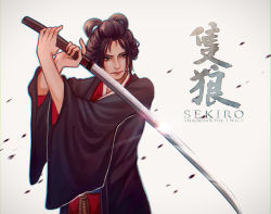 Rule 34 | 1girl, absurdres, black hair, brown eyes, chromatic aberration, commentary request, copyright name, emma the gentle blade, hair bun, hair rings, highres, holding, holding sword, holding weapon, japanese clothes, katana, kimono, liuka, long sleeves, looking at viewer, sekiro: shadows die twice, short hair, simple background, solo, spoilers, sword, updo, weapon, white background, wide sleeves