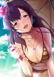 Rule 34 | 1girl, :d, bikini, blue eyes, breasts, brown bikini, brown hair, cleavage, cloud, collarbone, day, flower, from below, hair between eyes, hair flower, hair ornament, head tilt, hibiscus, holding, ichinose shiki, idolmaster, idolmaster cinderella girls, jewelry, large breasts, long hair, nail polish, necklace, open mouth, outdoors, parasol, pink nails, red flower, side-tie bikini bottom, smile, solo, sousakubito, striped bikini, striped clothes, swimsuit, test tube, umbrella