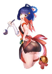Rule 34 | 1girl, absurdres, apron, ass, bare shoulders, blue hair, blunt bangs, blush, bow, braid, breasts, china dress, chinese clothes, dress, echomlete, fang, fang out, from behind, genshin impact, gloves, hair bow, hair ornament, hairclip, hand on own hip, highres, ladle, looking at viewer, open mouth, orange eyes, pantylines, shiny clothes, shiny skin, short hair, sideboob, simple background, small breasts, smile, solo, white background, xiangling (genshin impact)