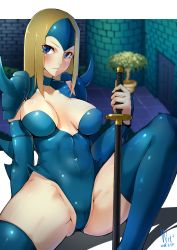 Rule 34 | 1girl, absurdres, armor, bare shoulders, blonde hair, blue choker, blue eyes, blue footwear, blue thighhighs, boots, breasts, breasts apart, cameltoe, capcom, choker, cleavage, closed mouth, collarbone, commentary, commission, covered navel, d-cao, dated, detached sleeves, eyelashes, eyes visible through hair, flower pot, groin, headpiece, highres, holding, holding sword, holding weapon, katana, knee up, large breasts, legs apart, leotard, long hair, looking at viewer, mizuki (punisher), navel, ninja, plant, potted plant, punisher (capcom), sheath, sheathed, shiny skin, shoulder spikes, solo, spikes, stomach, sword, the punisher, thigh boots, thighhighs, tile floor, tiles, uncensored, weapon