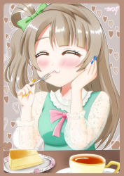 Rule 34 | 1girl, absurdres, artist name, artist request, blue nails, blush, bow, breasts, brown eyes, cake, cup, elbow on table, closed eyes, female focus, food, frilled sleeves, frills, green bow, green shirt, grey hair, hair bow, highres, long hair, long sleeves, looking at viewer, love live!, love live! school idol festival, love live! school idol project, medium breasts, minami kotori, nail polish, nails, nanacafe22, parted lips, pink bow, shirt, smile, solo, table, teacup, yellow nails