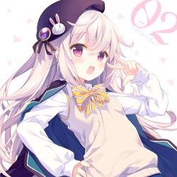 Rule 34 | 1girl, artist name, beige sweater, beret, blush, bow, bowtie, collared shirt, finger to eye, hair between eyes, hand on own hip, hat, jacket, jacket on shoulders, lack girl, light blush, long hair, long sleeves, looking at viewer, numbered, open mouth, purple eyes, purple hat, rabbit ornament, school uniform, shirt, silver hair, solo, striped bow, striped bowtie, striped clothes, striped neckwear, sweater vest, teeth, triangle, tsumugi (lack girl), upper body, upper teeth only, v, white background, white shirt, yamcha (cocololi), yellow bow, yellow bowtie