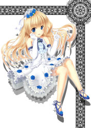 Rule 34 | 1girl, ascot, blonde hair, blue eyes, blue flower, blue footwear, blue rose, brooch, dress, elbow gloves, flat chest, flower, frilled dress, frills, full body, gloves, hair flower, hair ornament, hand on own cheek, hand on own face, highres, invisible chair, jewelry, knees together feet apart, long hair, looking at viewer, original, rose, shoes, simple background, sitting, smile, solo, u jie, white background, white dress, white gloves