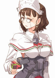 Rule 34 | 10s, 1girl, absurdres, bad id, bad nicoseiga id, blunt bangs, blush, brown eyes, brown hair, capelet, detached sleeves, eyewear strap, gift, glasses, headdress, highres, incoming gift, kanmiya shinobu, kantai collection, looking at viewer, pince-nez, roma (kancolle), simple background, solo, upper body, valentine, wavy hair, white background