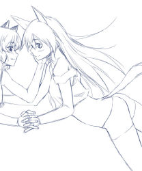 Rule 34 | 2girls, animal ears, blush, couple, eila ilmatar juutilainen, eye contact, greyscale, hand on another&#039;s cheek, hand on another&#039;s face, holding hands, looking at another, monochrome, multiple girls, off shoulder, sanya v. litvyak, satou atsuki, simple background, sketch, strike witches, tail, world witches series, yuri