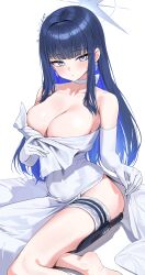 Rule 34 | 1girl, absurdres, ass, barefoot, black hair, blue archive, blue eyes, blue hair, blue halo, blush, breasts, choker, cleavage, closed mouth, colored inner hair, dress, earrings, elbow gloves, gloves, halo, highres, jewelry, knife, knife sheath, large breasts, long hair, looking at viewer, multicolored hair, official alternate costume, rivet (vvrn2825), saori (blue archive), saori (dress) (blue archive), sheath, simple background, sitting, solo, strapless, strapless dress, sweat, white background, white choker, white dress, white gloves, yokozuwari