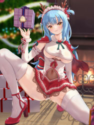 Rule 34 | 1girl, :p, arm behind back, arm support, azur lane, blue hair, blush, breast cutout, breasts, capelet, christmas present, christmas tree, clothing cutout, commentary request, dress, fake antlers, fire, frilled dress, frills, full body, fur-trimmed dress, fur-trimmed sleeves, fur trim, gift, hakamaboooots, hand up, head tilt, high heels, highres, holding, holding gift, indoors, knee up, legs, legs apart, long hair, maid headdress, medium breasts, navel, neptune (azur lane), neptune (princess of the reindeers) (azur lane), no bra, on one knee, panties, red capelet, see-through, short dress, skindentation, smile, solo, spread legs, squatting, thighs, tongue, tongue out, two-tone dress, underboob, underboob cutout, underwear, upskirt, very long hair, white panties, wrist bow, yellow eyes
